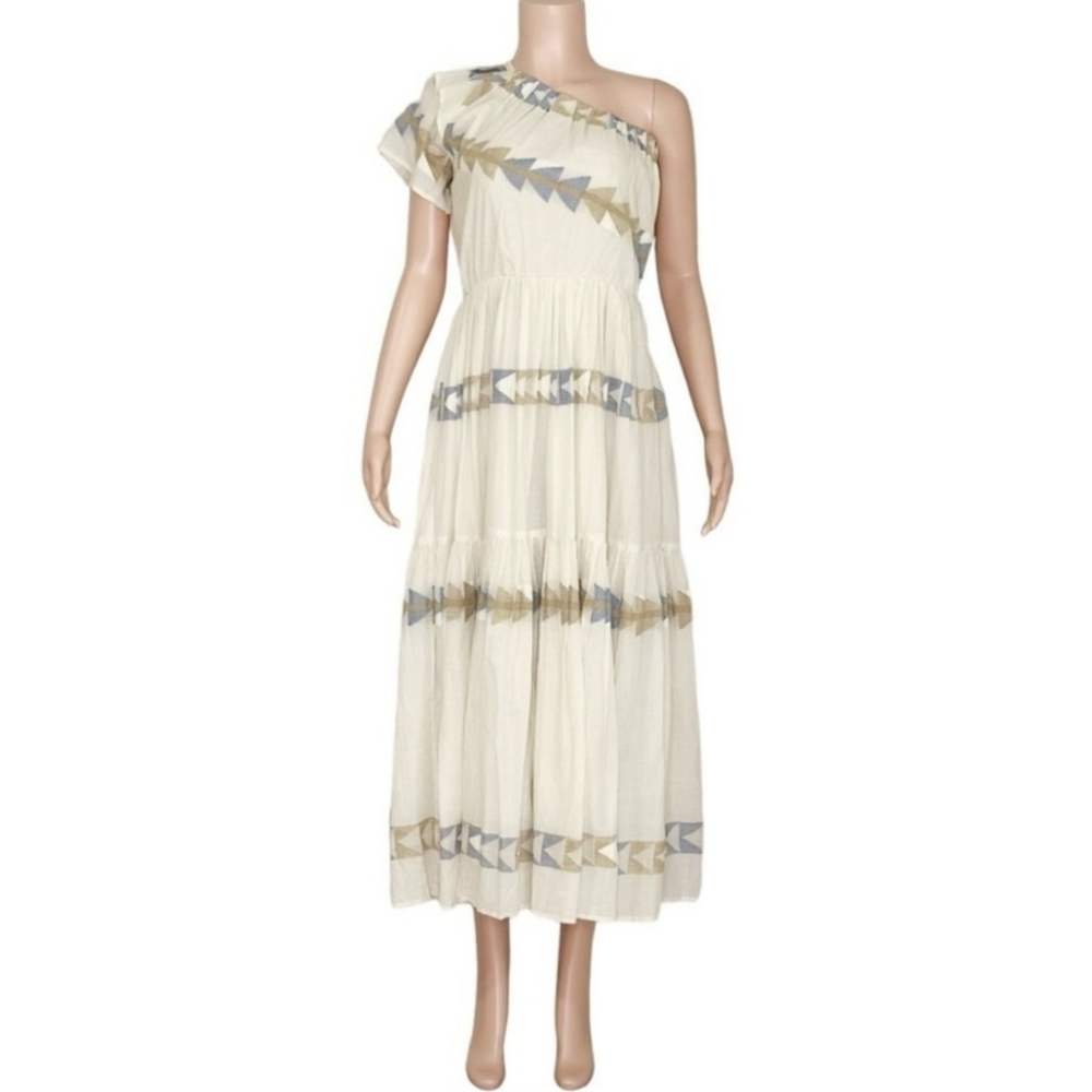 Mirth Paros One Shoulder Maxi Dress in White and Tan Wedding guest Size Large - Picture 4 of 16